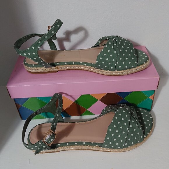 NIB Green Polkadot Espadrille Open Toe Ankle Strap Flat Sandals 8.5 - Picture 2 of 2